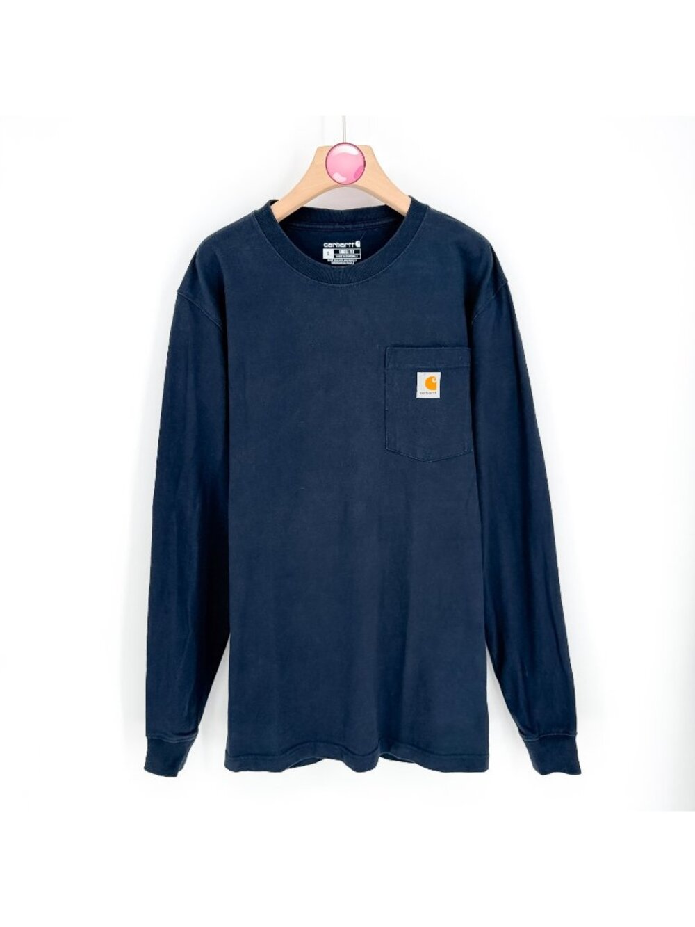 Carhartt Long Sleeve Pocket T-Shirt Blue Loose Fit Workwear Logo Men’s Small